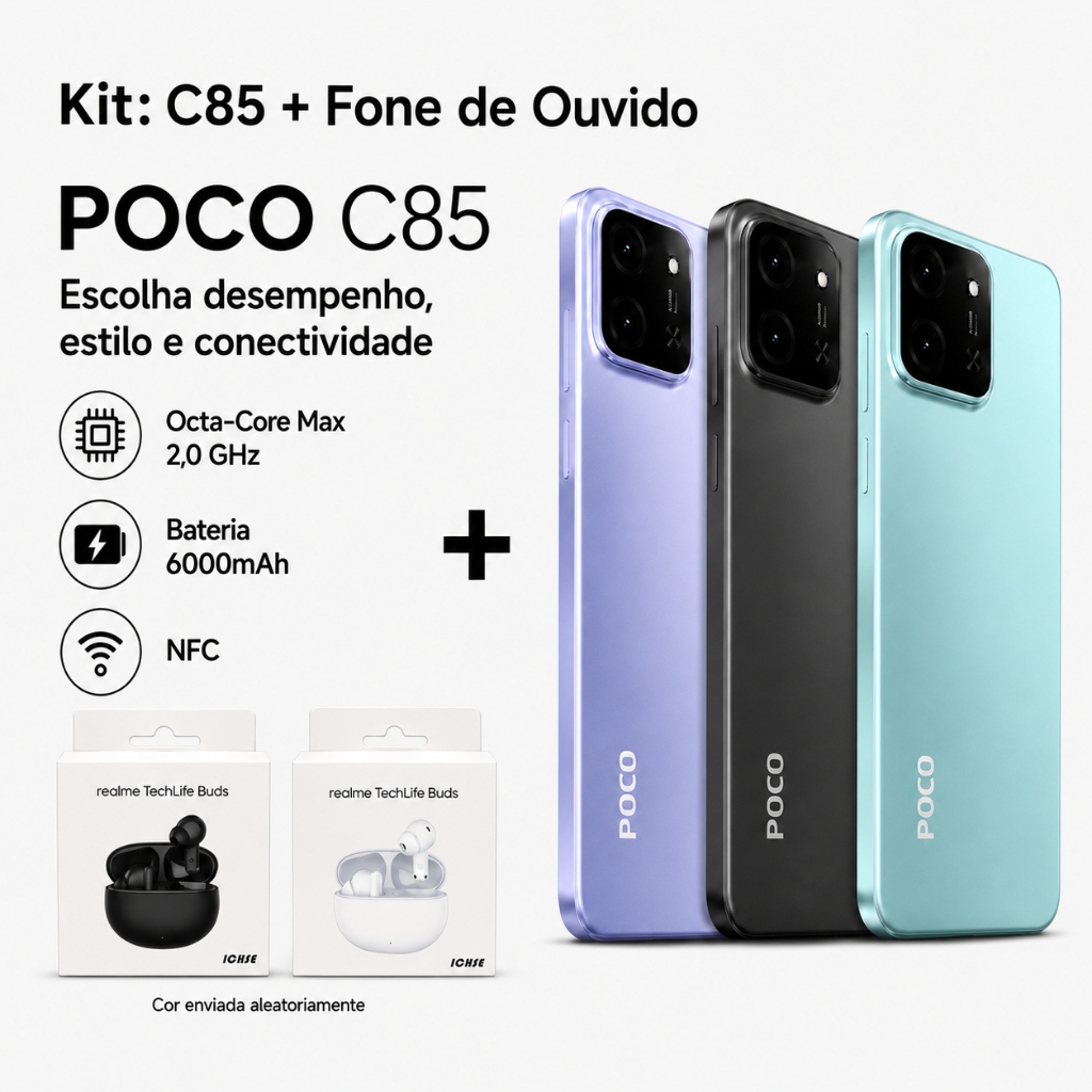 Xiaomi POCO C85 4G + Realme Techlife Buds (Versão Global) | Android 15, 6.9" 120