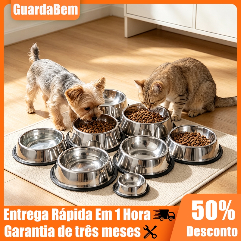 Comedouro e Bebedouro Inox Antiderrapante Para Cães e Gatos - Resistente e Ideal Para Pets de Todos os Potes