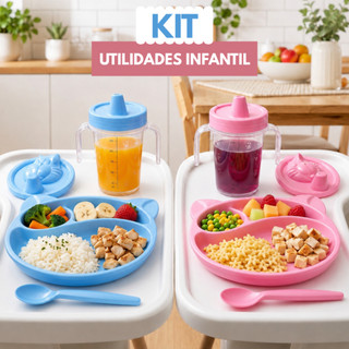Kit Alimentação Infantil Completo Prato Divisórias Copo Antivazamento com Alças Colher Bebê