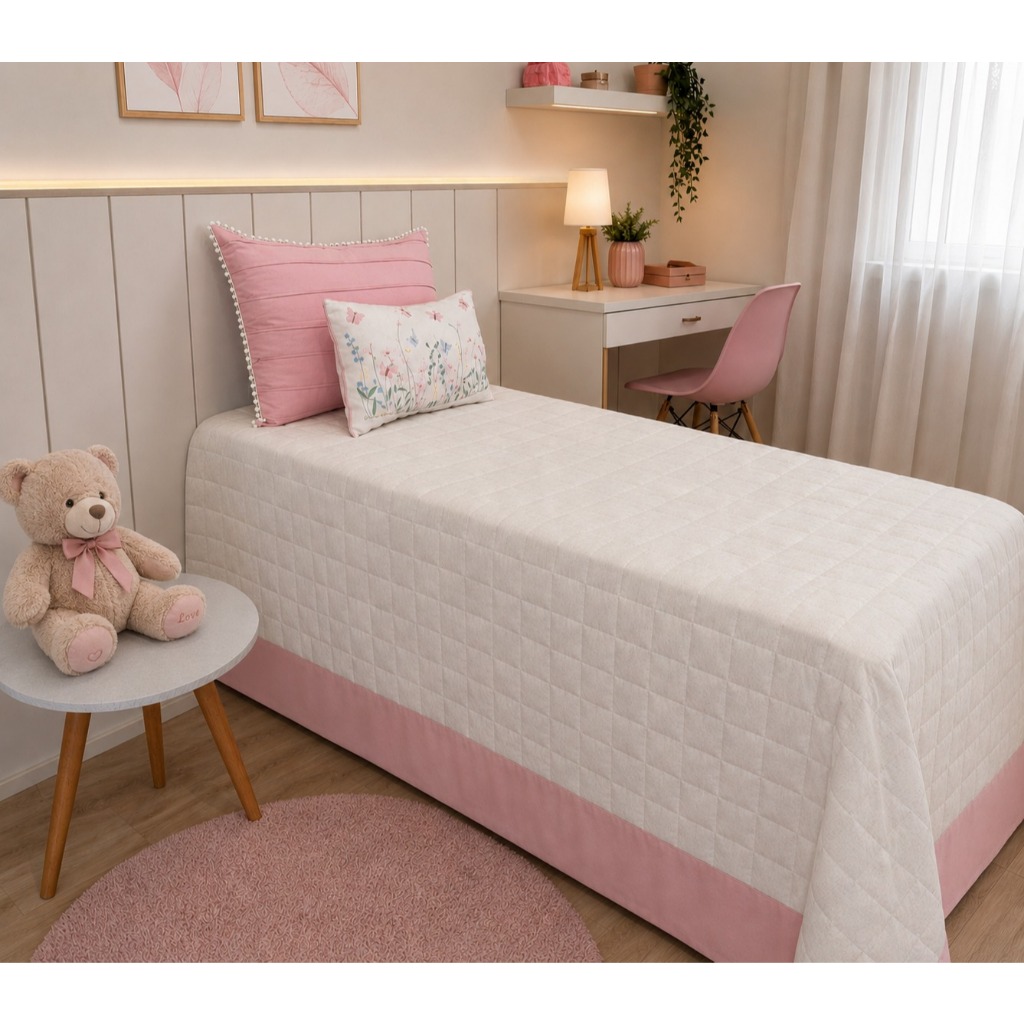 Cobre Leito Solteiro Jardim das Flores 3 Peças Rose Blush com Erva Doce