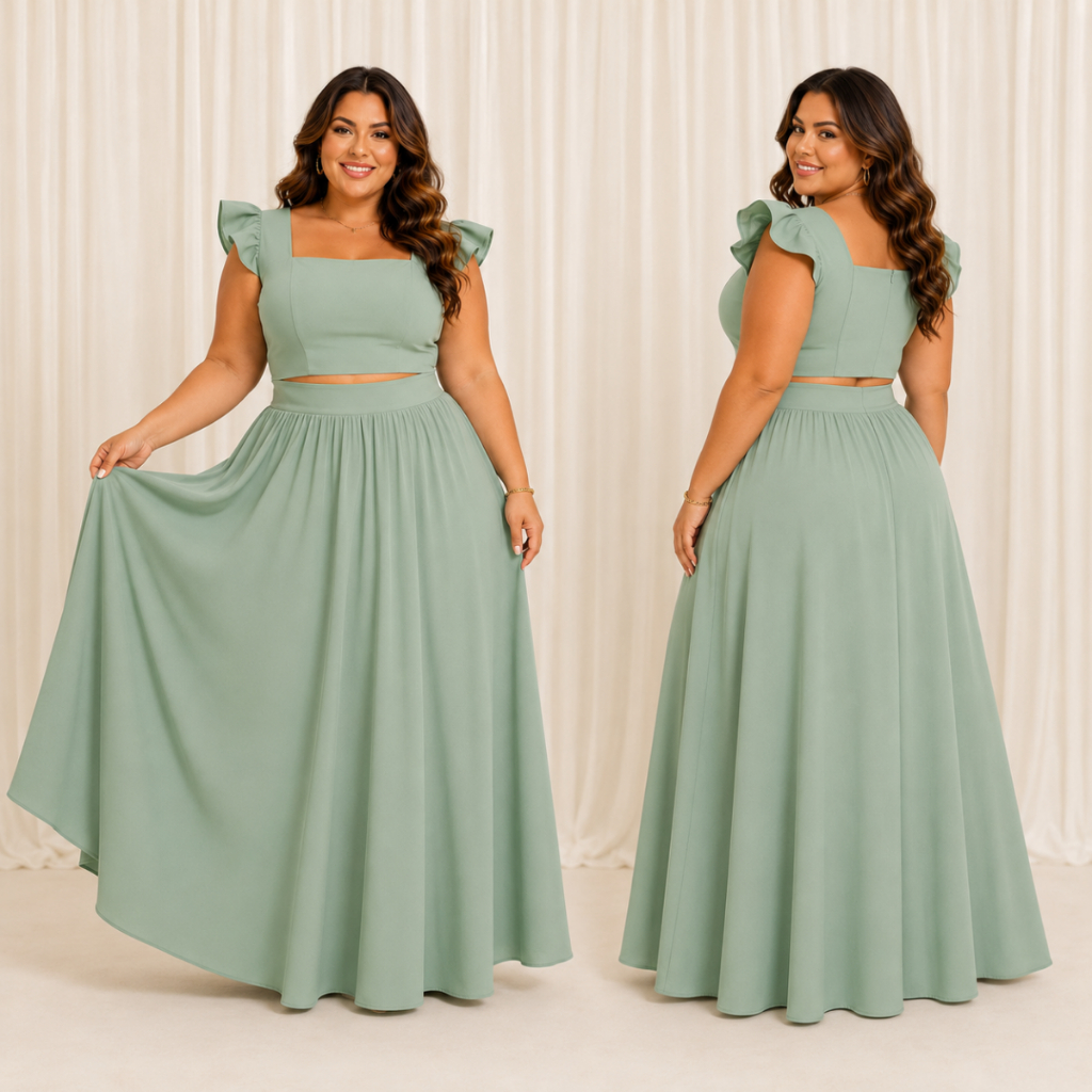 Conjunto Longo Plus Size De Cropped com Lastex e Alça de Babados Saia Godê Fluida Cintura Alta Veste do G1 ao G3