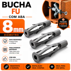 Bucha 8mm Nylon Tijolo Baiano Furado Oca FU Alvenaria Bloco