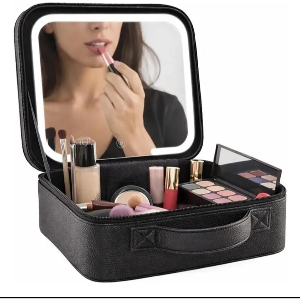 Case Maleta De Maquiagem Organizadora com Espelho LED Iluminado, Preta, Couro Sintético, Portátil com Alça AVON