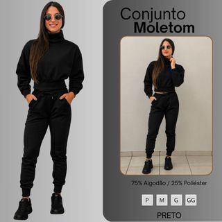 Conjunto Moletom Feminino Blusa Manga longa Flanelado Liso Cropped Gola Alta e Calça Jogger Conjunto Feminino De Frio