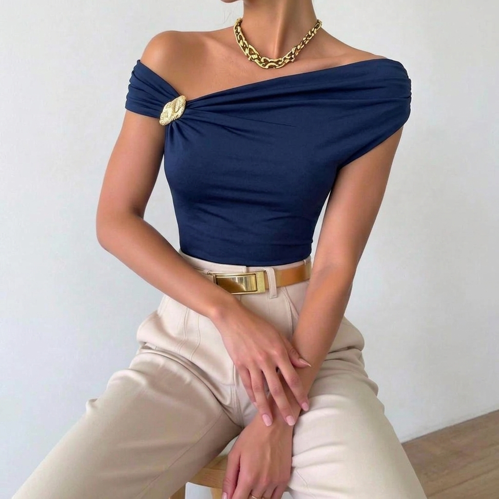 Blusa Feminina Elegante Suplex Premium Fivela Dourada Social Ombro a Ombro  Primavera Vera o