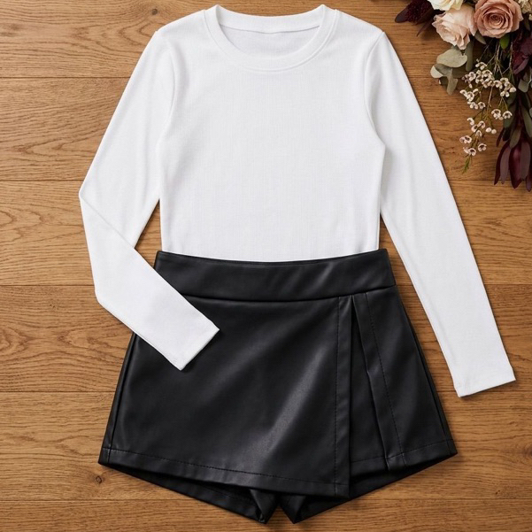 Kit Blusa Manga Longa + Short Saia Courino Infantil | Look Moderno, Confortável e Estiloso para Passeios Festas