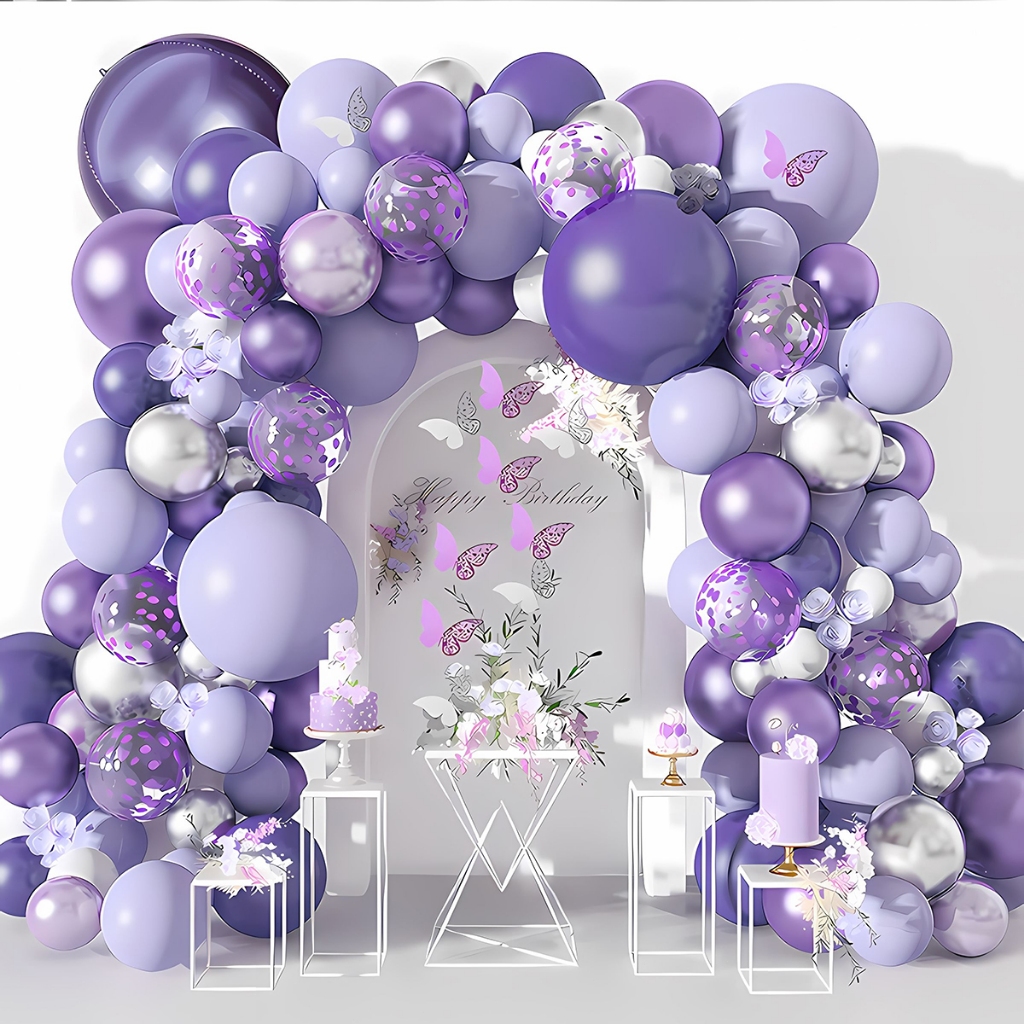 Kit 121 Balões Bexiga Roxo Prata Arco Festa Aniversário Metalizado Chá Revelação com Borboleta 3D