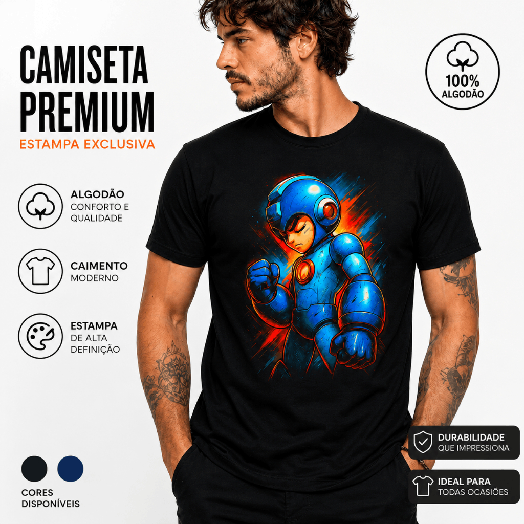 Camiseta Estampa Inspirada em Robô Clássico Gamer | Camiseta Unissex 100% Algodão Preta e Azul-Marinho Adulto e Infantil