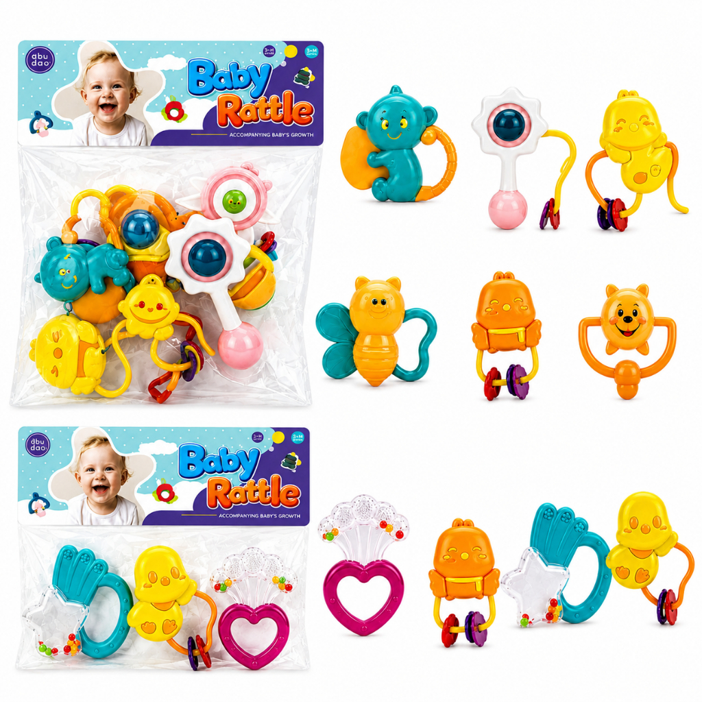 Kit 4 ou 6 Chocalhos Mordedor Coloridos Bebê Silicone Macio Brinquedo Infantil Sensorial