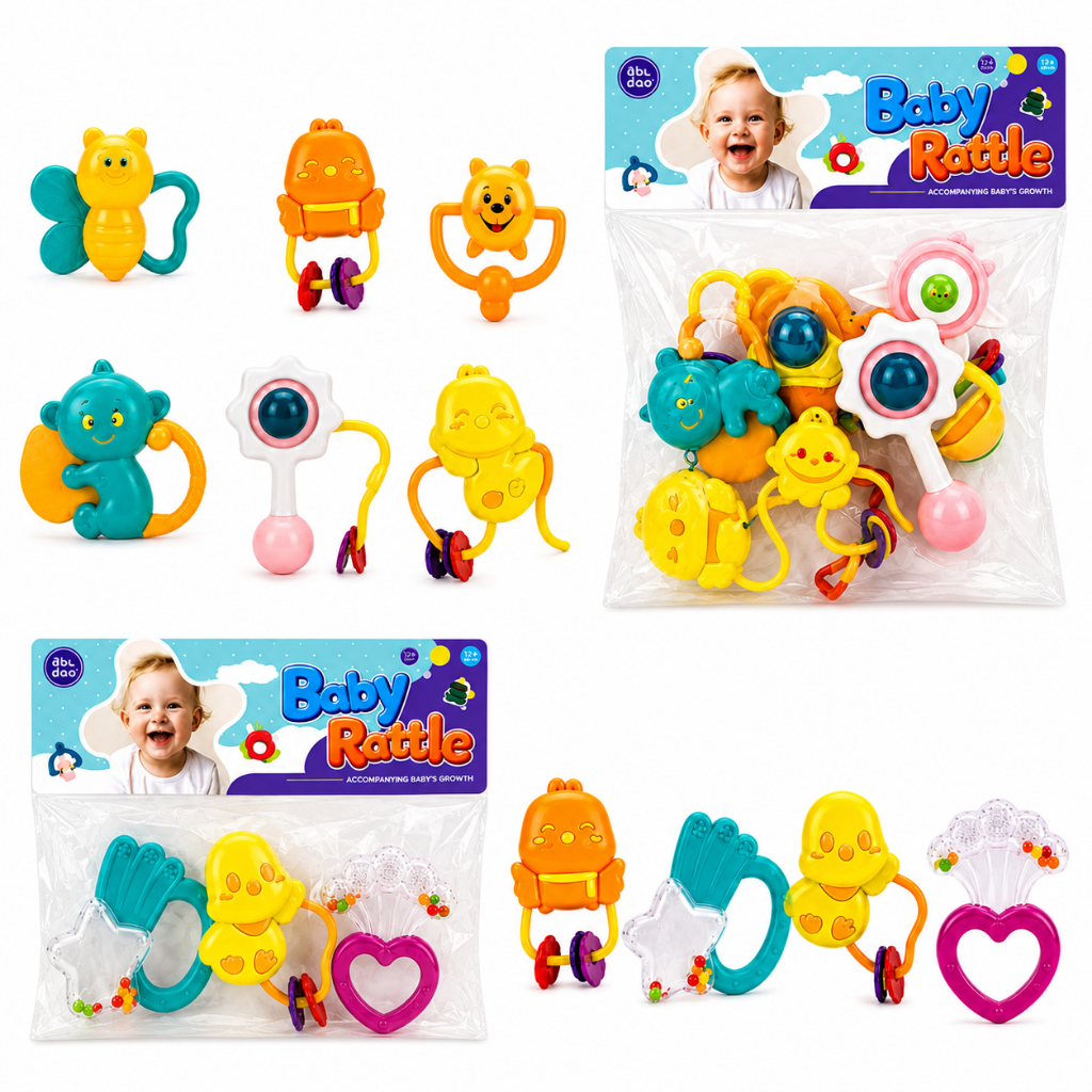 Conjunto Chocalhos Mordedor Bebê Kit com 4 ou 6 Peças Brinquedo Infantil Sensorial Colorido