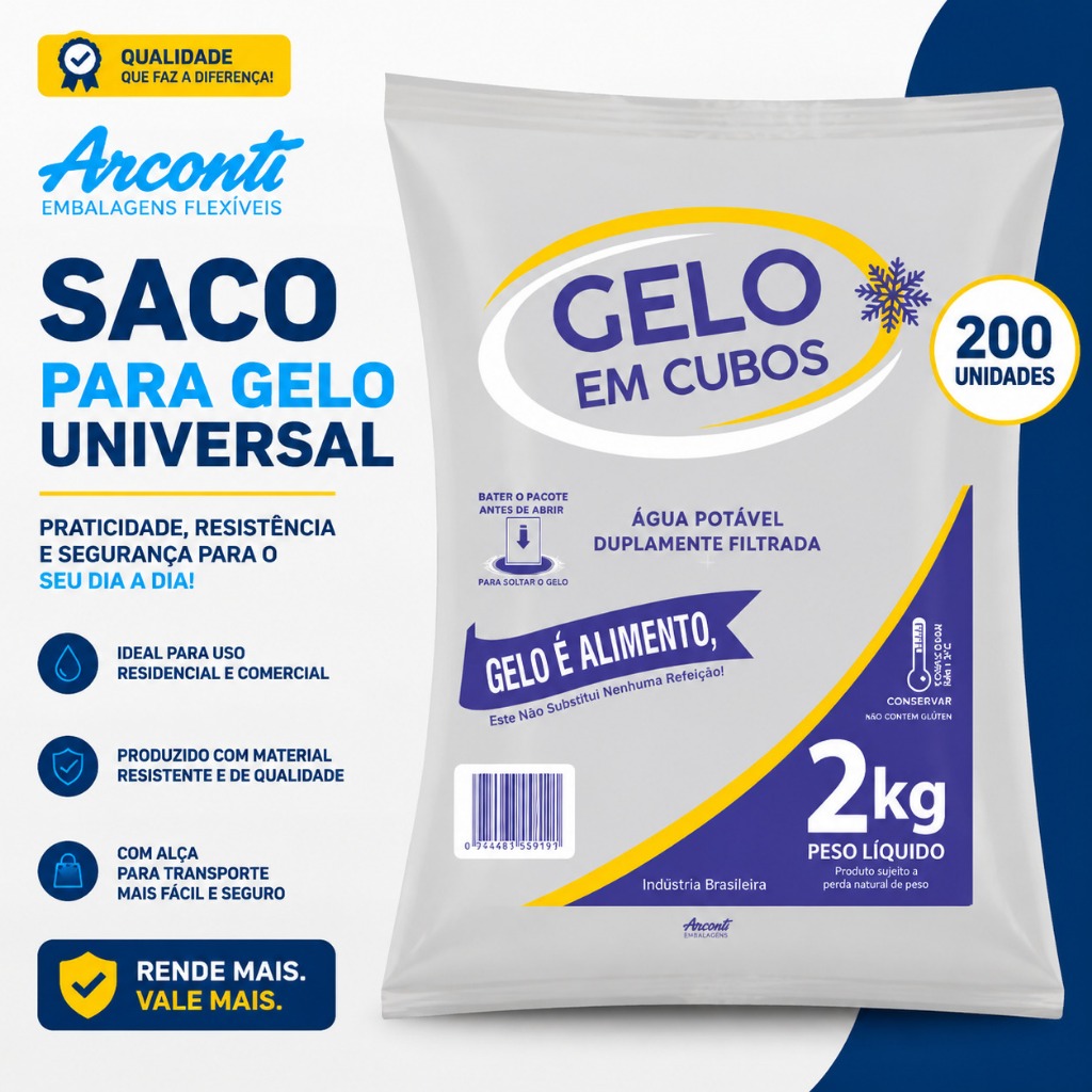 Kit 200 Sacos Para Gelo Em Cubo Universal 2kg Sem Alça