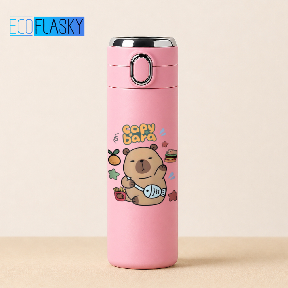 Garrafa Térmica Infantil Aço Inox Capivara Estampada Termometro LED Digital Temperatura 420ml