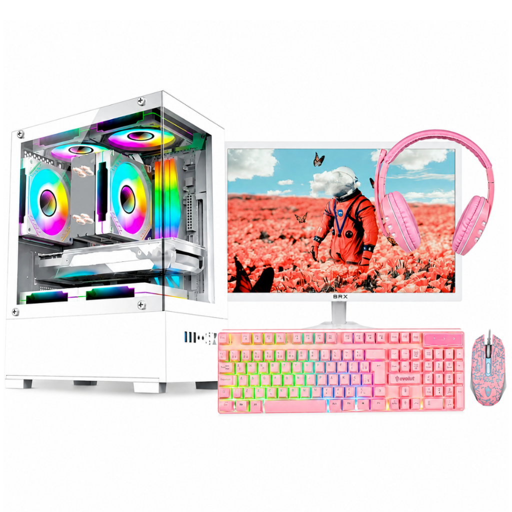 PC Gamer Completo Branco i5 Memoria Ram 16GB SSD 240GB Monitor Kit Gamer Rosa