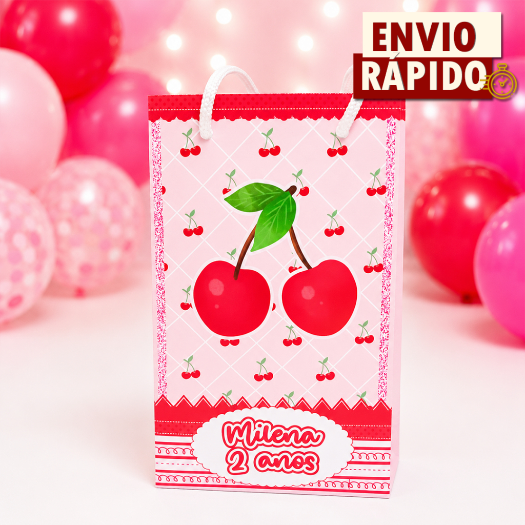Sacolinha Personalizada P - Cerejinha Rosa Cereja - PEGU E MONTE - Lembrancinha Festa Aniversário