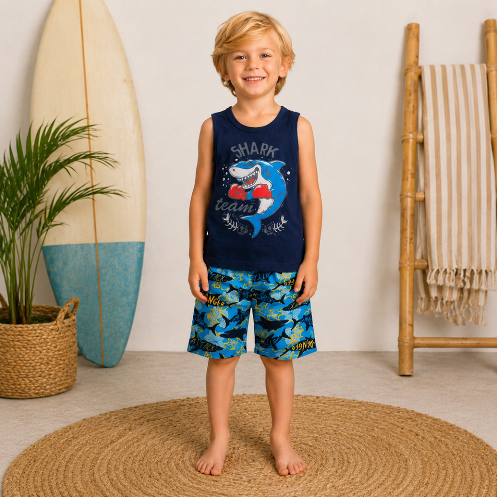Conjunto Infantil Menino | Regata em Malha Algodão com Estampa Frontal e Bermuda em Tactel Estampada