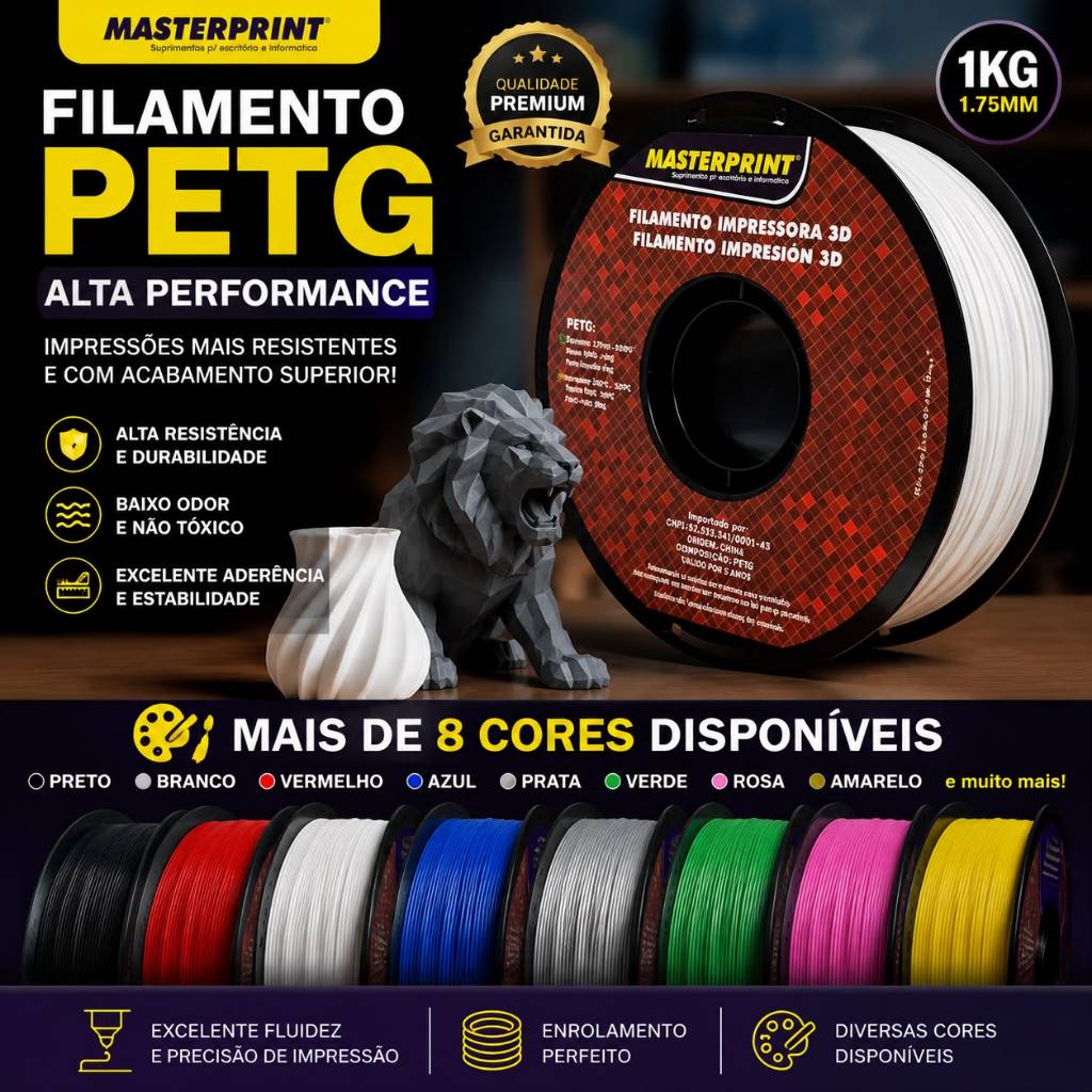 Filamento PETG 1.75mm 1Kg Masterprint Alta Resistência Impressora 3D Baixo Warping Alta Qualidade