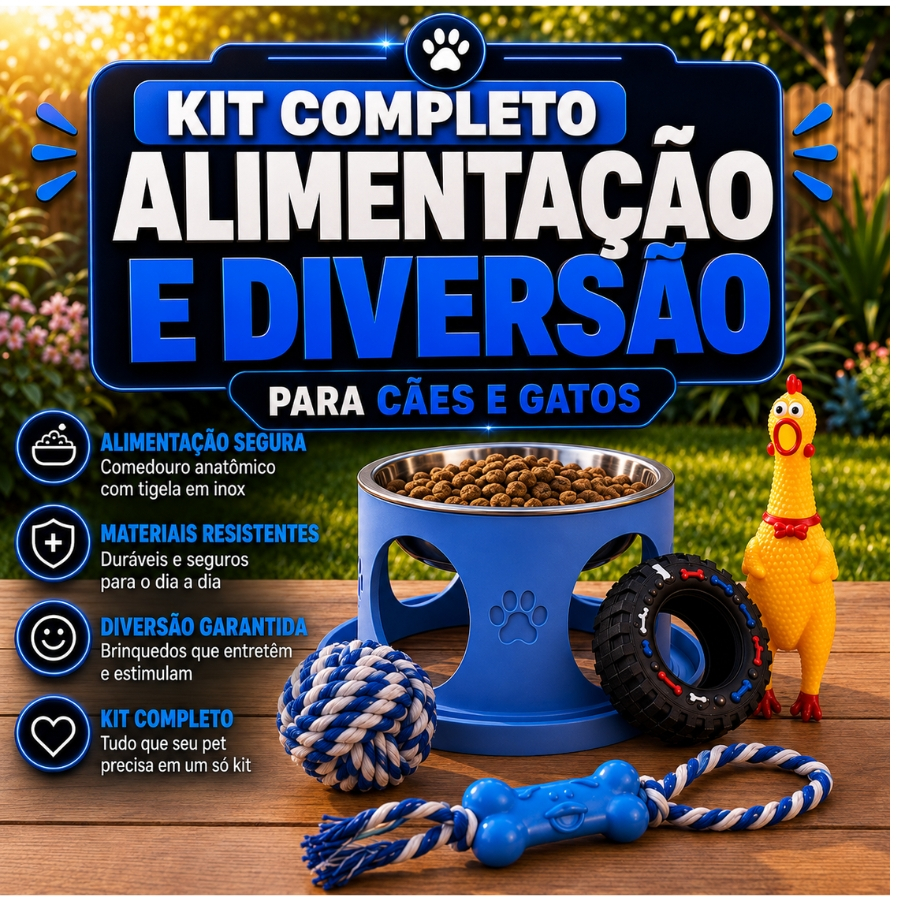 Comedouro Anti formiga Elevado + tigela Inox para Cães e Gatos + Kit de Brinquedos Mordedor Anti estresse Terapeutico
