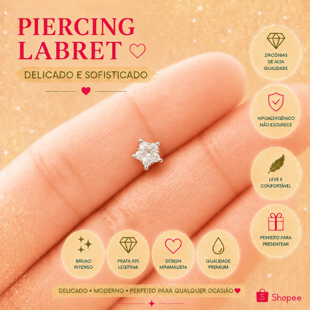 Piercing Estrela Pedra de Zircônia 4mm Prata 925 e Haste em Aço Orelha, Trágus Conch Helix Anti-Helix e Cartilagem