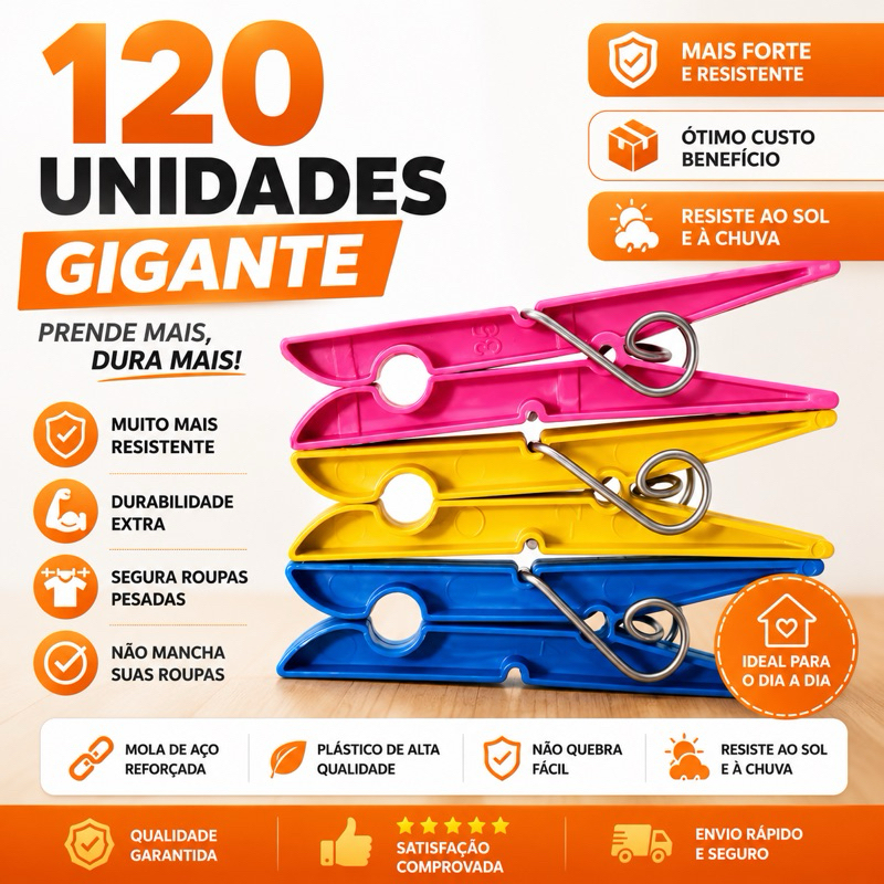 Kit com 12 a 120un Pregador Prendedor de Roupa Plástico GIGANTE Reforçado - Cores Sortidas - Varal