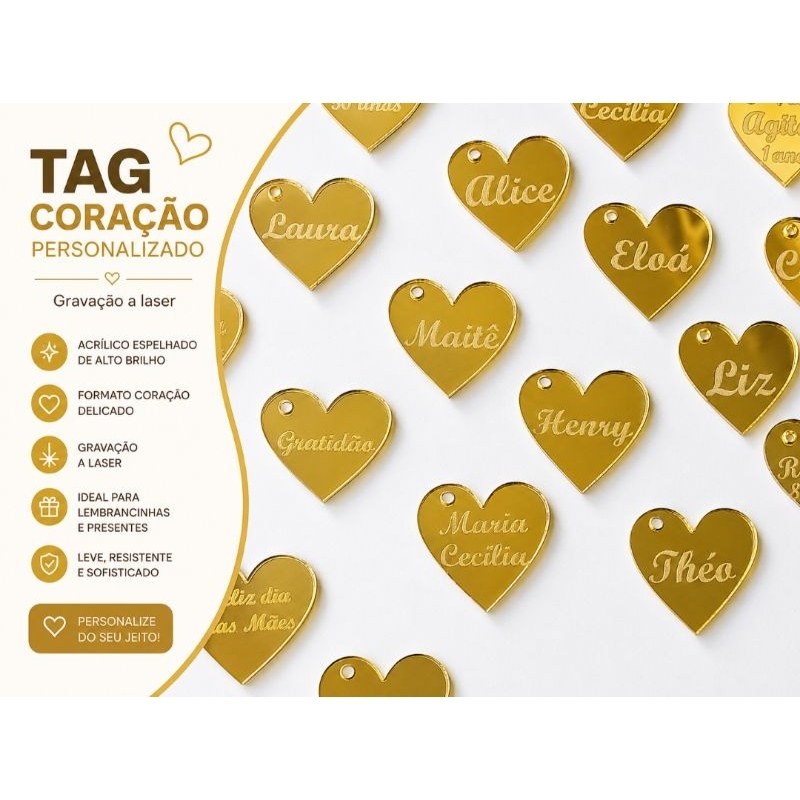 kit tags de coração de acrílico dourado espelhado personalizado com 2 cm de comprimento para lembrancinhas