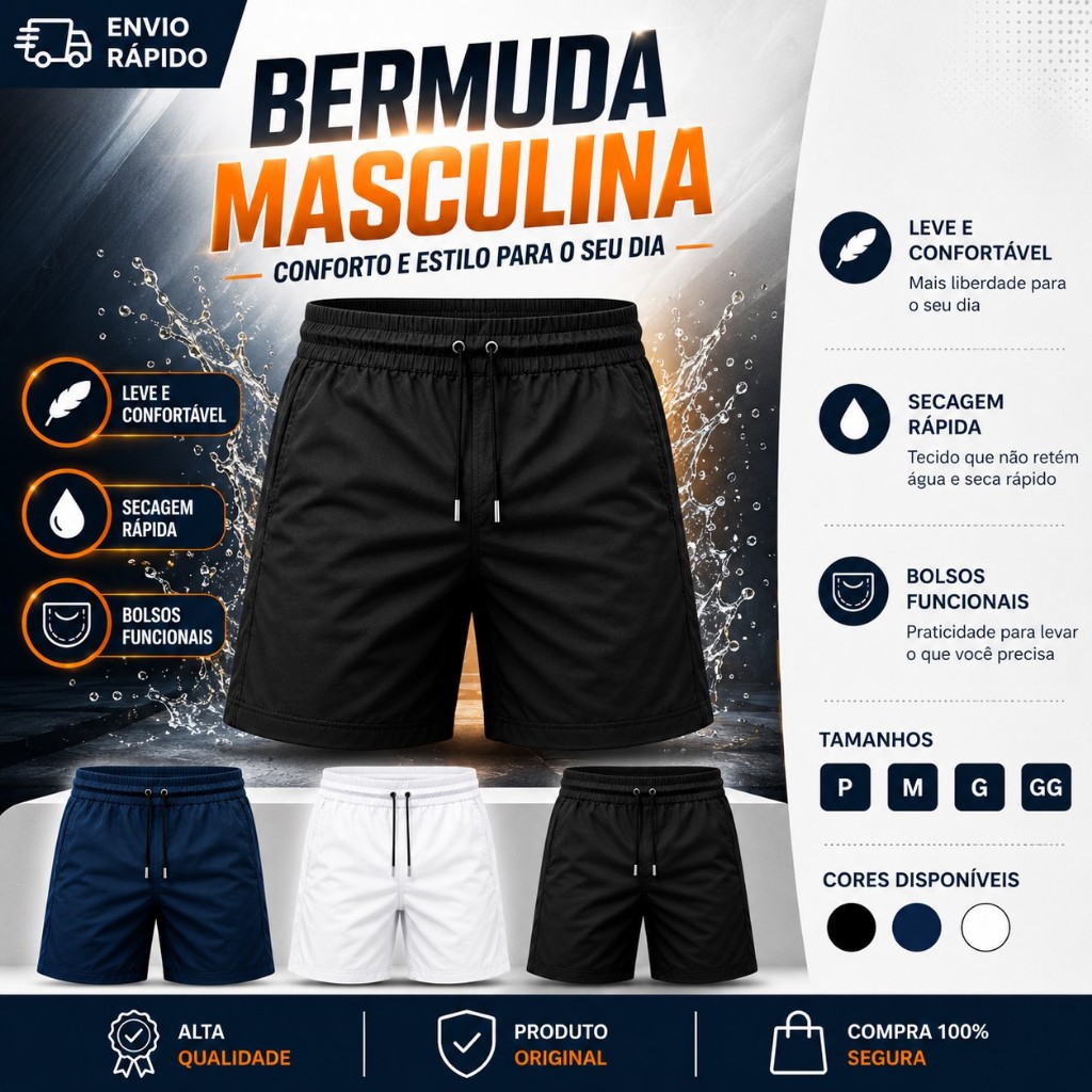 Bermuda Short Masculino Tactel Elastano Secagem Rápida Praia Academia Confortável