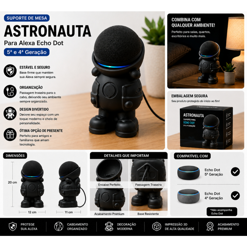 Suporte Alexa Echo Dot Astronauta Organizador Mesa Escritório Home Moderna Presente Criativo Alexa Echo Dot 4ª 5ª Geraçã