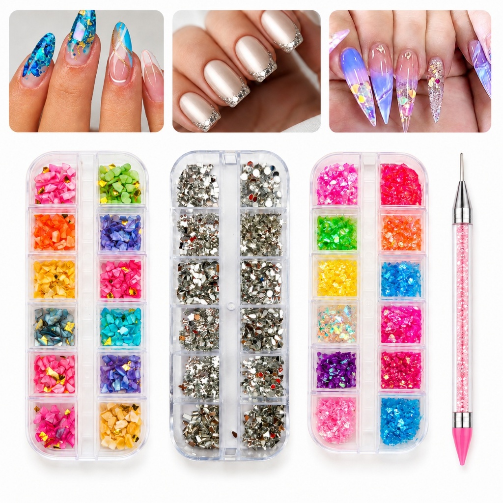 Kit Decoração de Unhas 3 Estojos Strass Madrepérola Flocos Furta-Cor + Caneta Aplicadora Nail Art Decoração de Unha