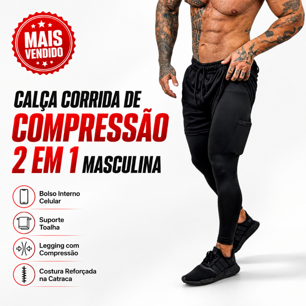 Calça Legging Masculina 2 em 1 com Shorts de Compressão, Bolso para Celular, Academia e Corrida
