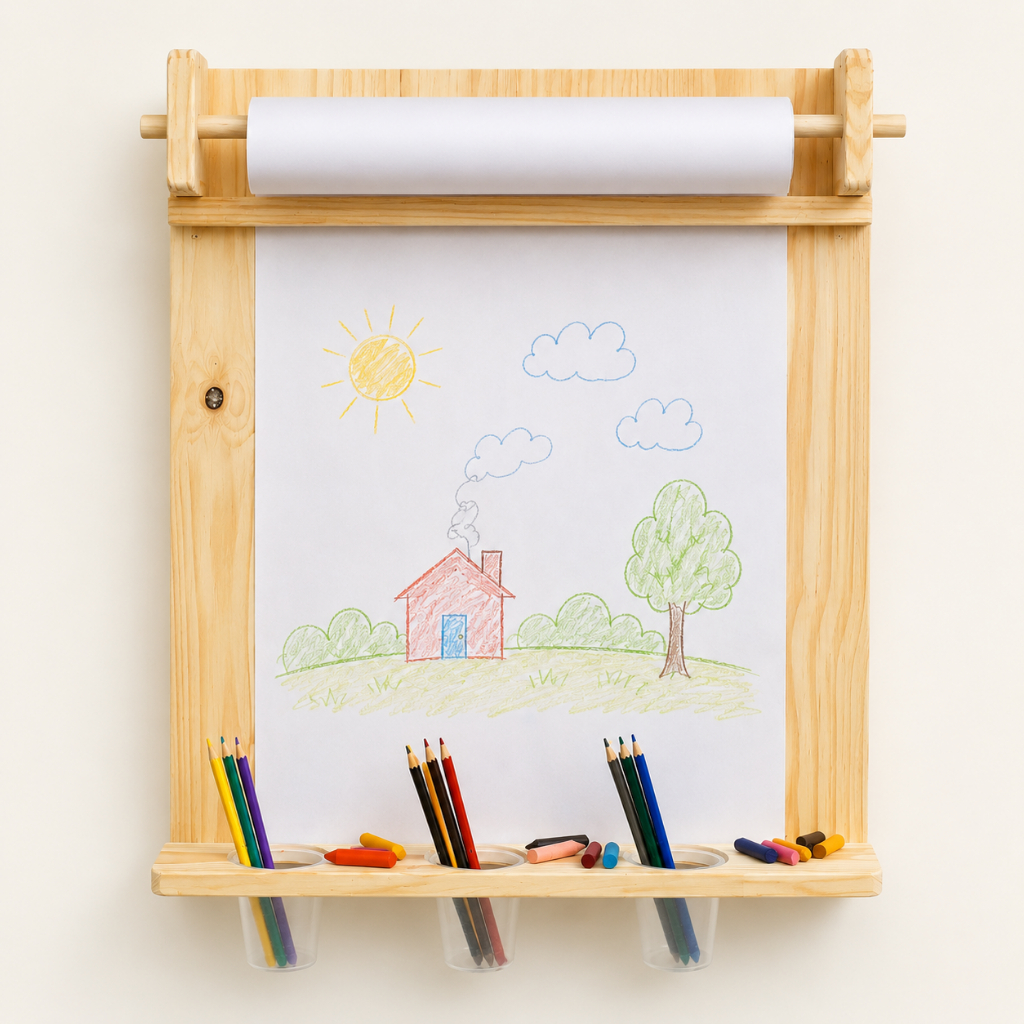 Lousa Montessori Infantil de Parede em Madeira Natural Painel Criativo para Desenho+ Bobina de papel