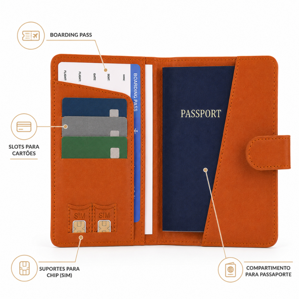 Porta Passaporte Case Organizador Documentos Cartões Viagem Couro PU Premium Marrom Preto Off White Com Fecho Magnético · foto 2