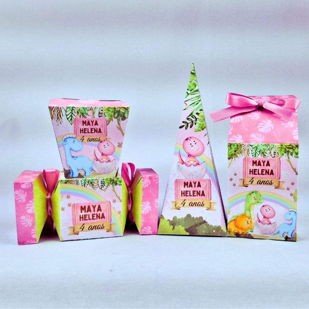Kit 10 a 45 Caixinhas Personalizadas Lembrancinhas Dinossauro Baby Rosa Para Festa Aniversario Festinha