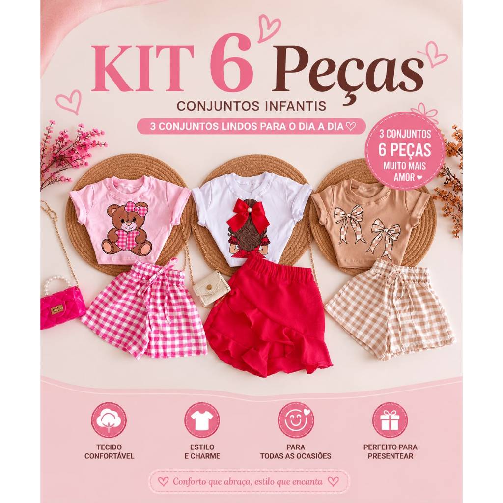 Kit 6 Peças Infantil Feminino | 3 Conjuntos Sortidos com Short e Blusa | Conjunto Verão Menina