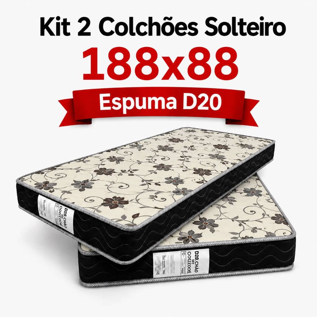Kit 2 Colchões Solteiro D20 188x88x12cm Selo Inmetro 100% Espuma Alta Densidade Confortável - Estampas Sortidas
