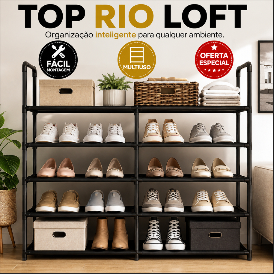 Sapateira Organizadora 5 Prateleiras Estante Multiuso de Metal Preta Organizador para Sapatos Closet Quarto Lavanderia