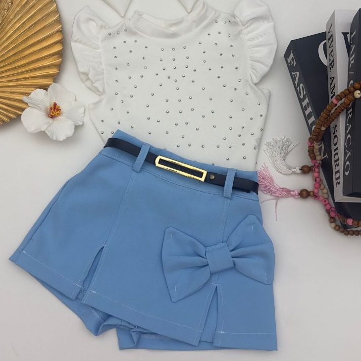Conjunto Infantil Menina Blogueirinha, Short Saia Alfaiataria Blusa Canelada Pedraria Strass Estilosa Festa e Passeios.