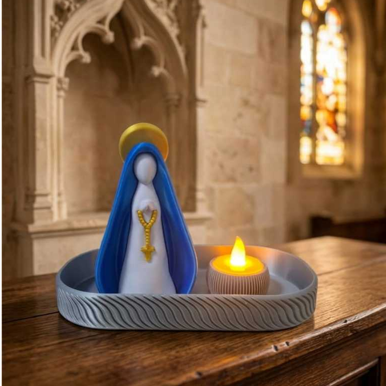 Conjunto Decorativo Religioso: Imagem Nossa Senhora + Vela Eletrônica + Porta-Vela + Bandeja