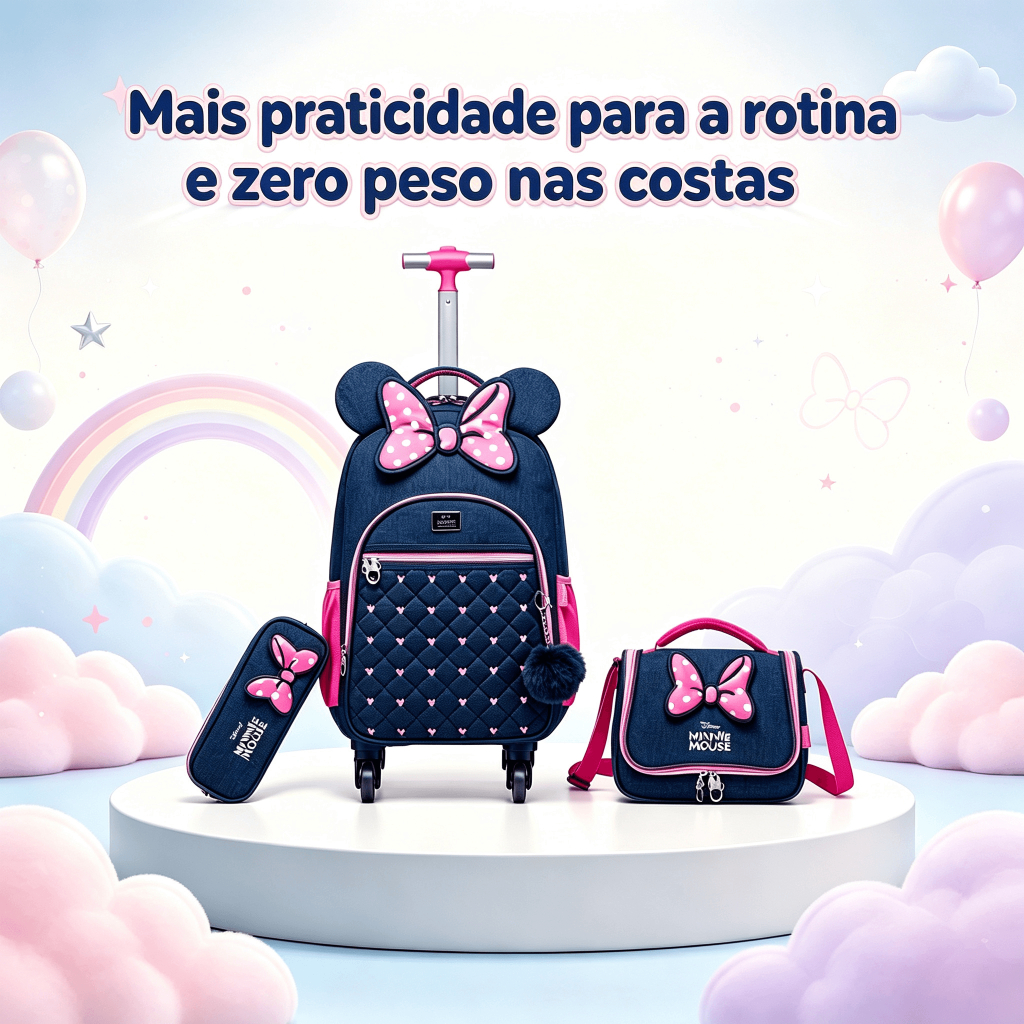 Kit Mochila de Rodinhas Minnie Disney Infantil Escolar com Lancheira e Estojo