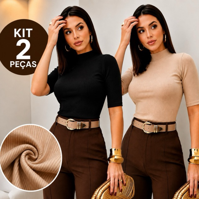 Kit 2 Blusas Gola Alta Ribana Canelada Manga 3/4 em Blusinha Básica Feminina Casual