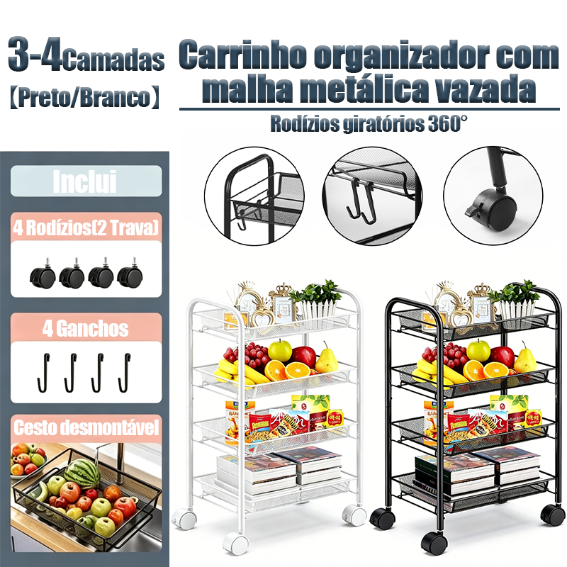 Carrinho Inox 3/4 Andares Organizador Multiuso Aramado com Rodinhas para Cozinha, Banheiro e Cosméticos