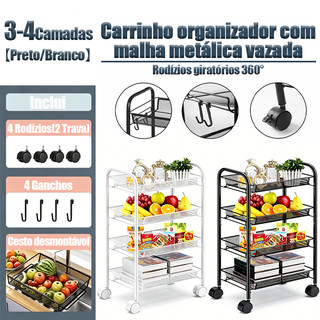 Carrinho Inox 3/4 Andares Organizador Multiuso Aramado com Rodinhas para Cozinha, Banheiro e Cosméticos