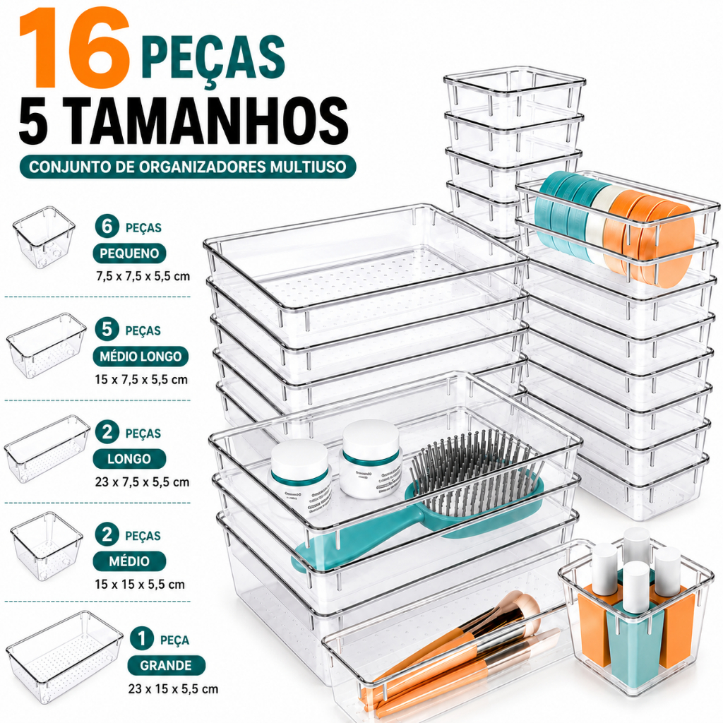 KIT 16 Organizador Multiuso, 5 Tamanhos, Caixas Transparentes para Gavetas,Ideal para Maquiagem,Escritório e Cozinha-R3