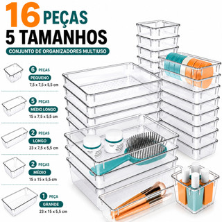 KIT 16 Organizador Multiuso, 5 Tamanhos, Caixas Transparentes para Gavetas,Ideal para Maquiagem,Escritório e Cozinha-R3