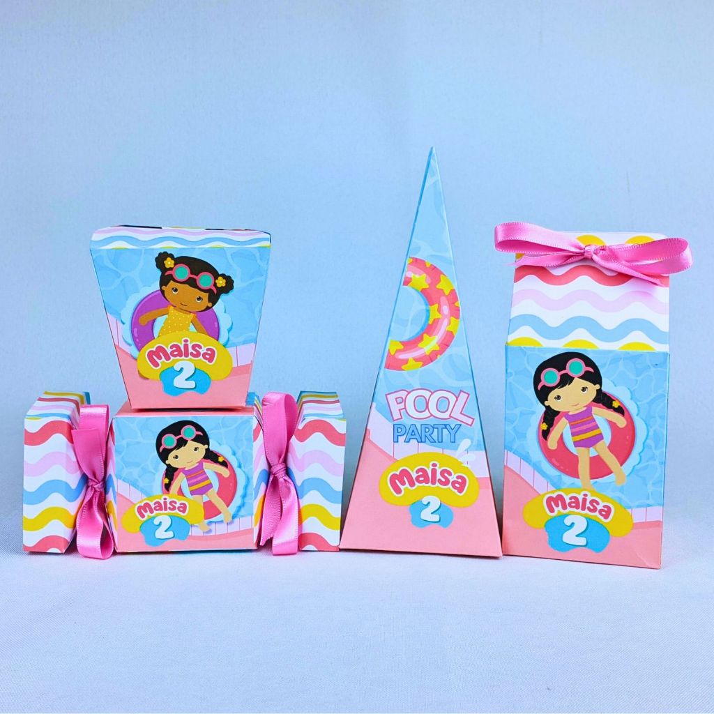 Kit 10 a 45 Caixinhas Pool Party Rosa Personalizado Lembrancinhas Para Festa Aniversario Festinha Lembranca