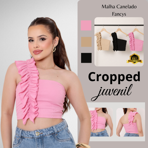 Blusa Cropped Feminino Juvenil Manga Única de Babados Tendência Moderna e Estilosa de 12 a 14 anos