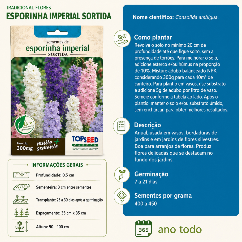 Sementes de Esporinha Imperial Sortida Topseed Garden Flor Ornamental para Jardim Vaso e Arranjos — imagem 2 de 2