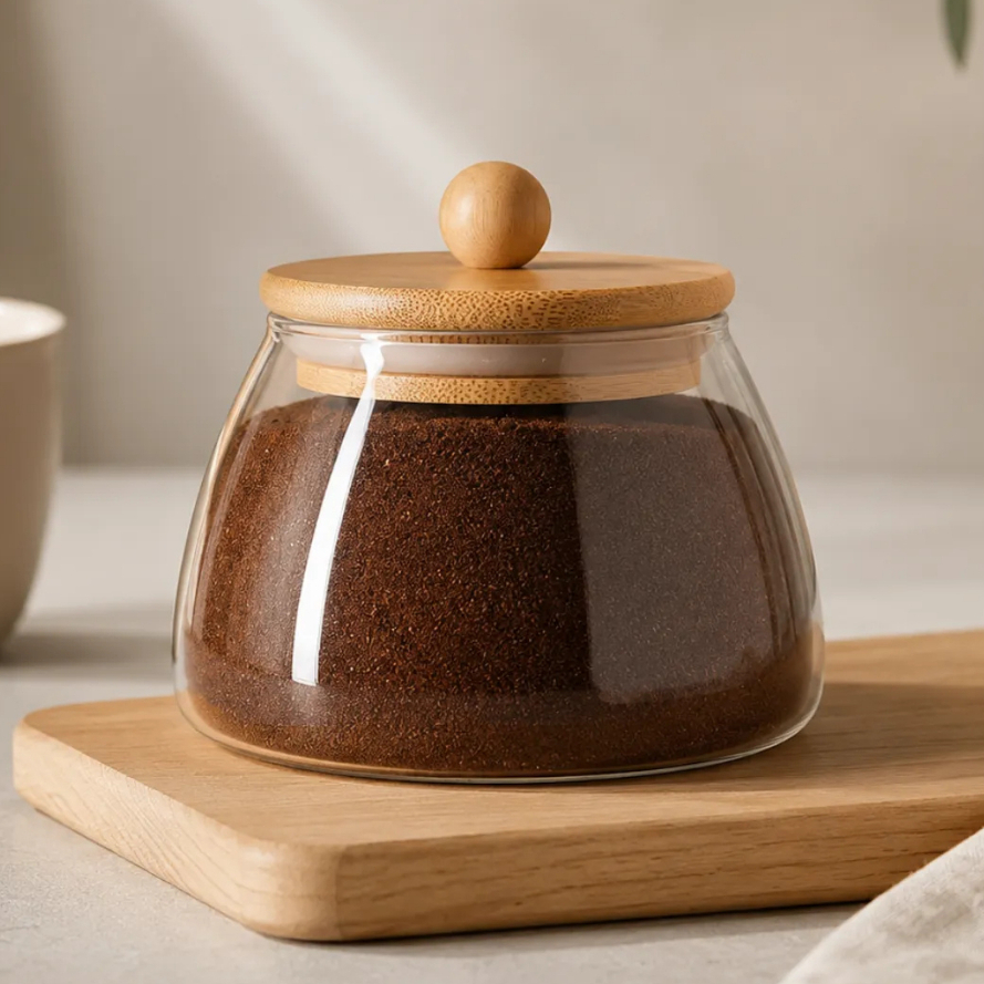 Pote BOLINHA TRANSPARENTE Vidro Hermético Tampa Bambu Porta Mantimentos 450ML