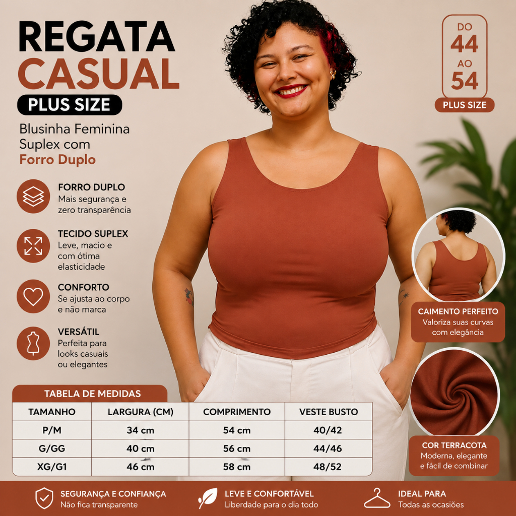 Regatas Casual Blusinha Feminina Suplex Forro Duplo Elegante Blogueira Decote Básica Plus Size