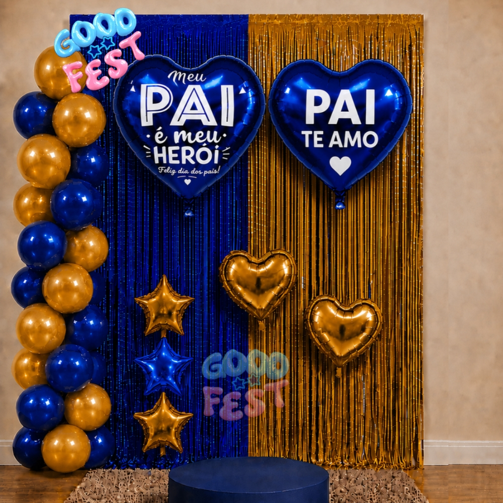 Kit Decoração DIA dos PAIS 2 Cortinas + PAI-HEROI 45cm, 20 Bexigas + 7 Balões Completo