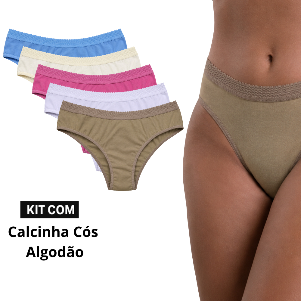 Kit Calcinhas de Algodão Feminina Adulto Tanga Lisas Cos Largo
