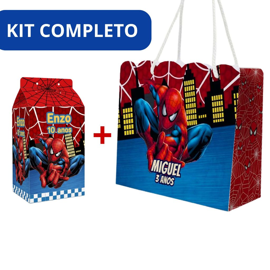 10 Sacolas + 10 Caixinhas de Festa Infantil Personalizada Com Nome e Idade Do Homem Aranha Para Lembrancinhas